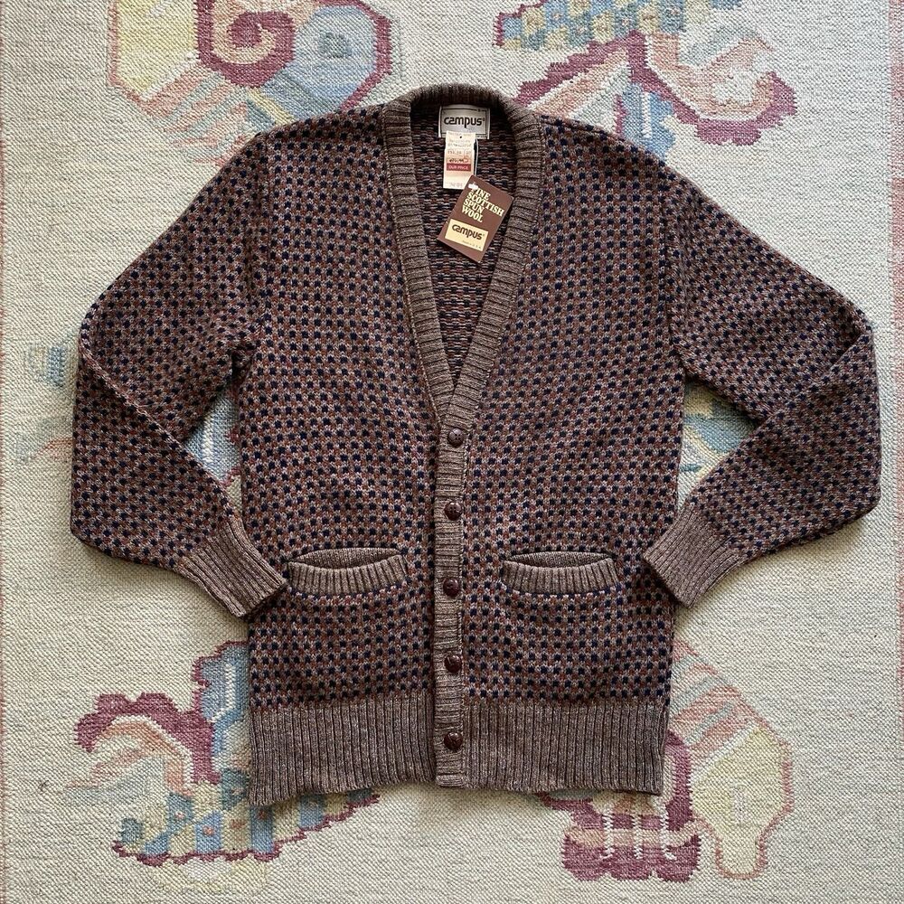 Vintage Campus Wool Cardigan Sweater 90s Deadstock Brown Grunge Grandpa Small